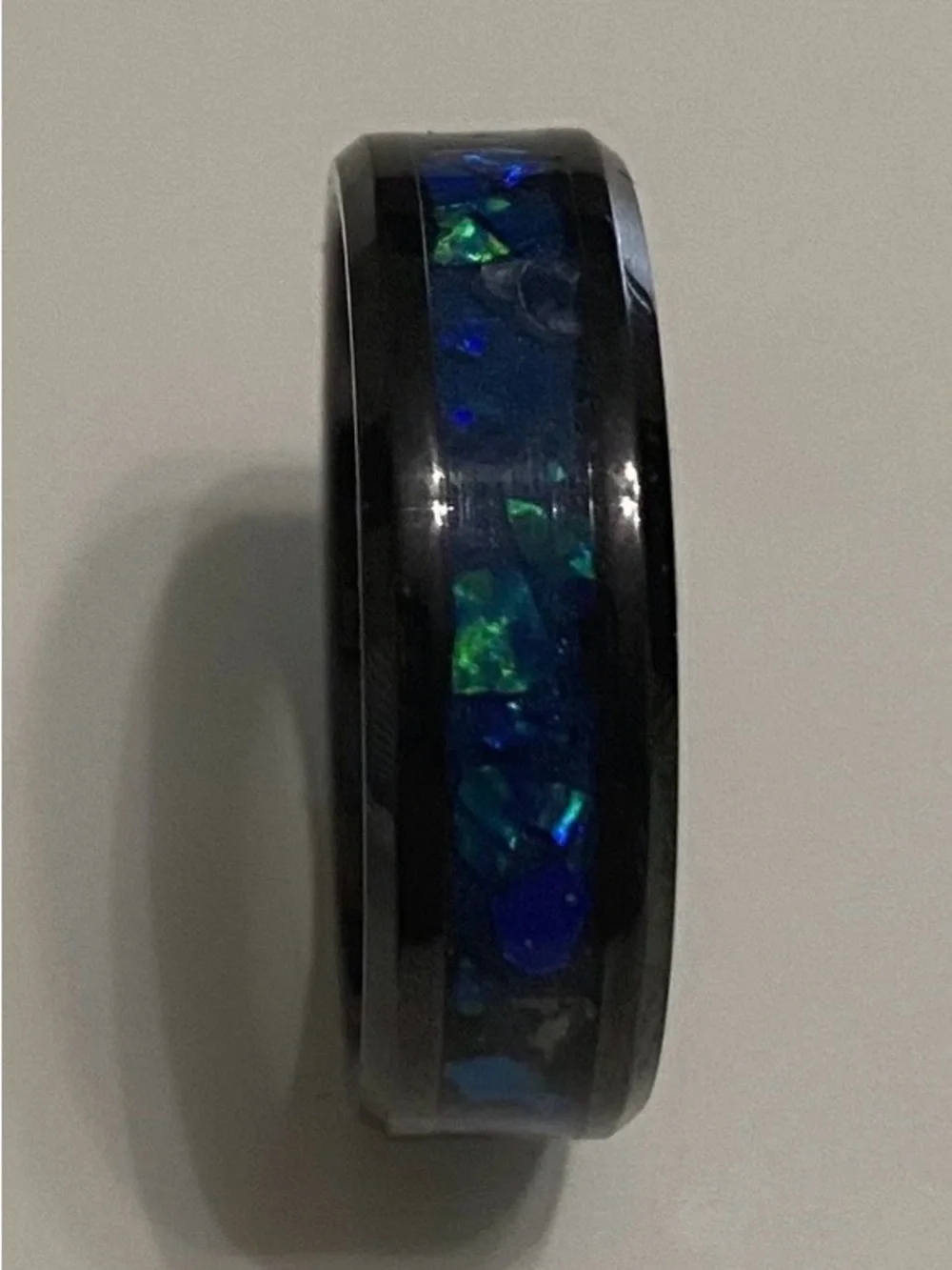 Sapphire Cobalt Blue Opal Inlay Black Ceramic Titanium Carbide Band - Jewelry